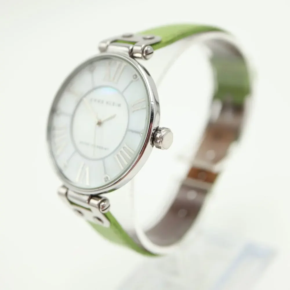 Anne Klein Silver Tone 34mm Round MOP Dial Watch Green Leather with New Battery